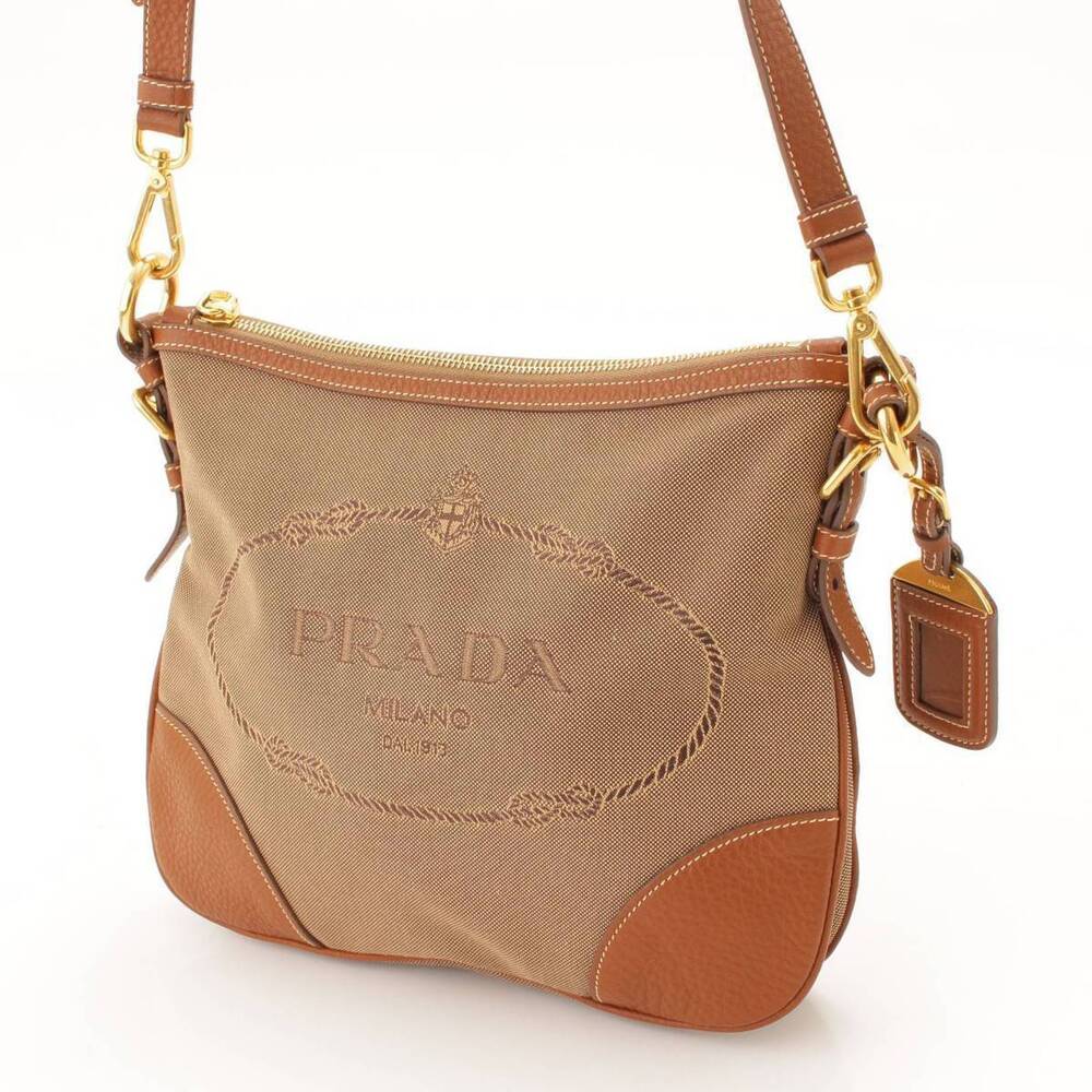 Prada Jacquard Bag Logo Canvas Brown Leather Shoulder